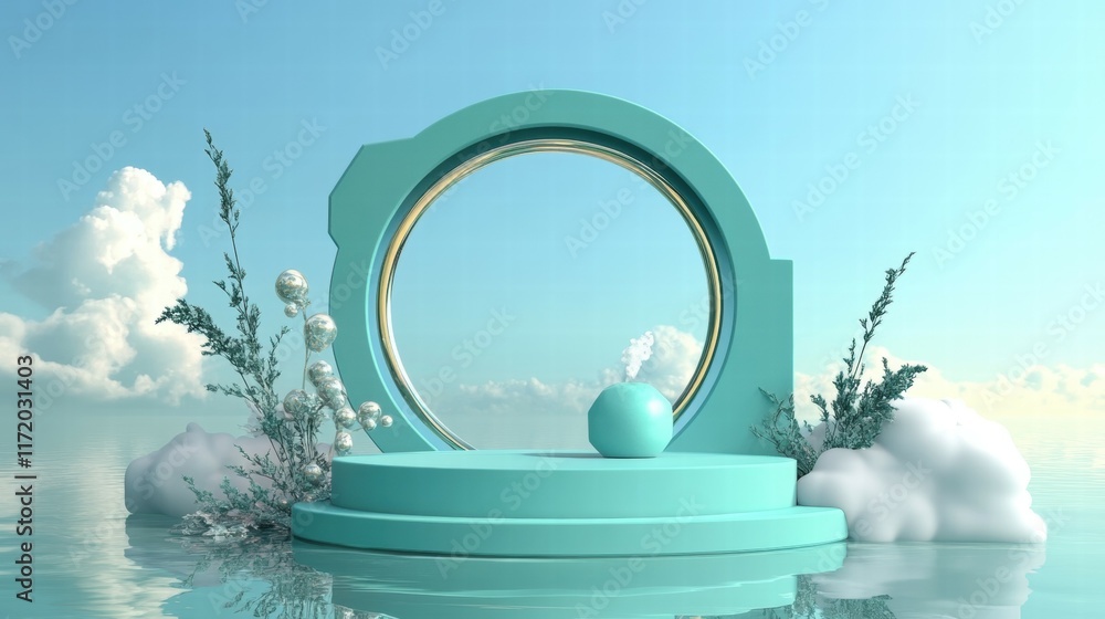 Poster a serene, abstract scene featuring a circular structure, a sphere, and soft clouds on water.