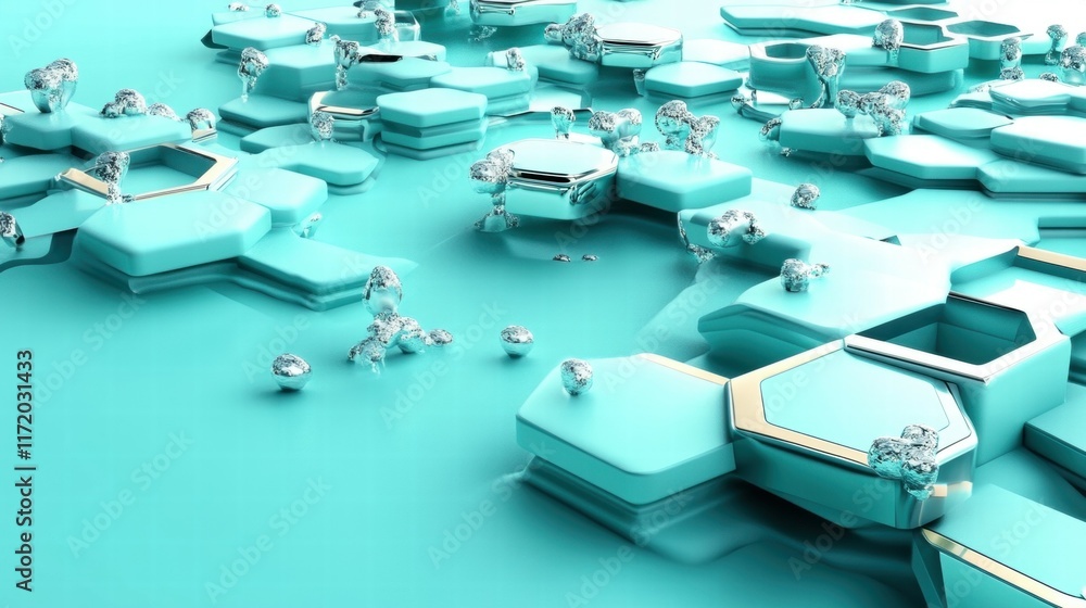 Fototapete abstract turquoise hexagonal structures with crystalline elements and a smooth surface.