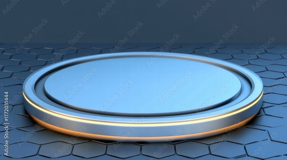 Aufkleber A sleek, circular platform with glowing edges on a hexagonal patterned surface.