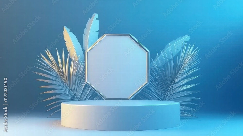 Leinwandbilder A minimalistic display stage with an octagonal frame and tropical leaves for presentations.