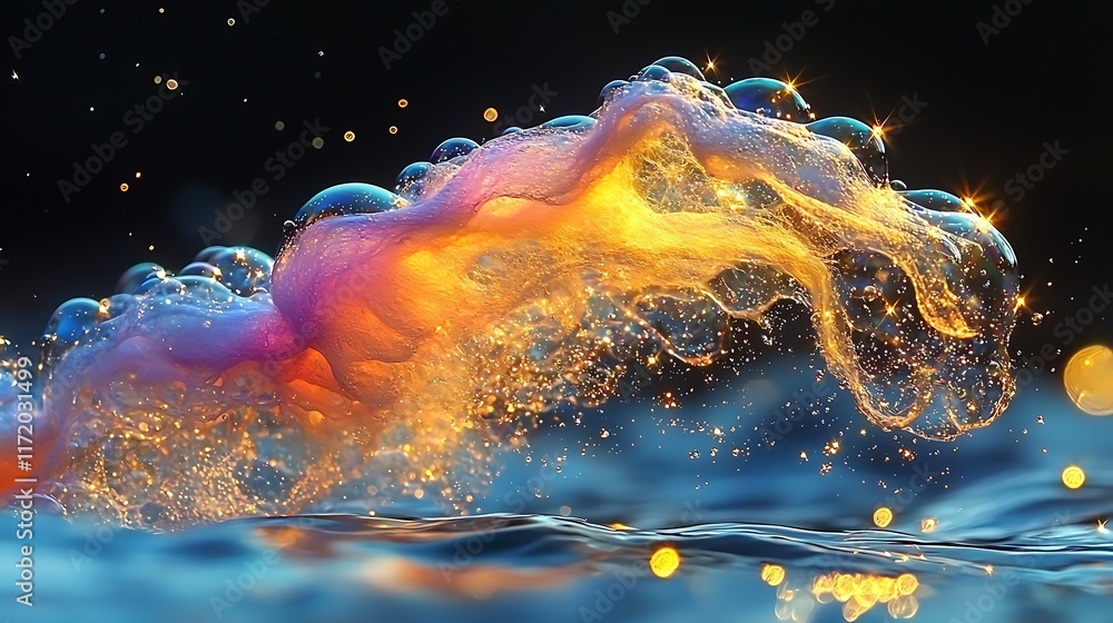 Poster abstract colorful liquid splash with bubbles and sparkles.