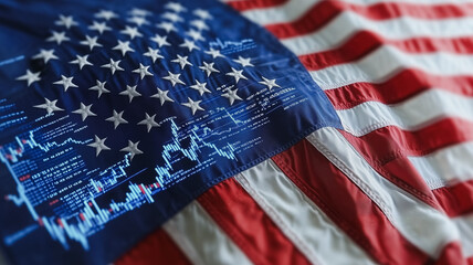 American Financial Growth: A close-up of a folded American flag with a digital chart overlay, symbolizing economic strength and growth.