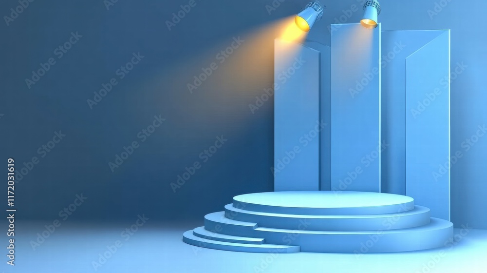 Fototapete a minimalist stage setup with blue lighting and a circular platform for presentations or performance