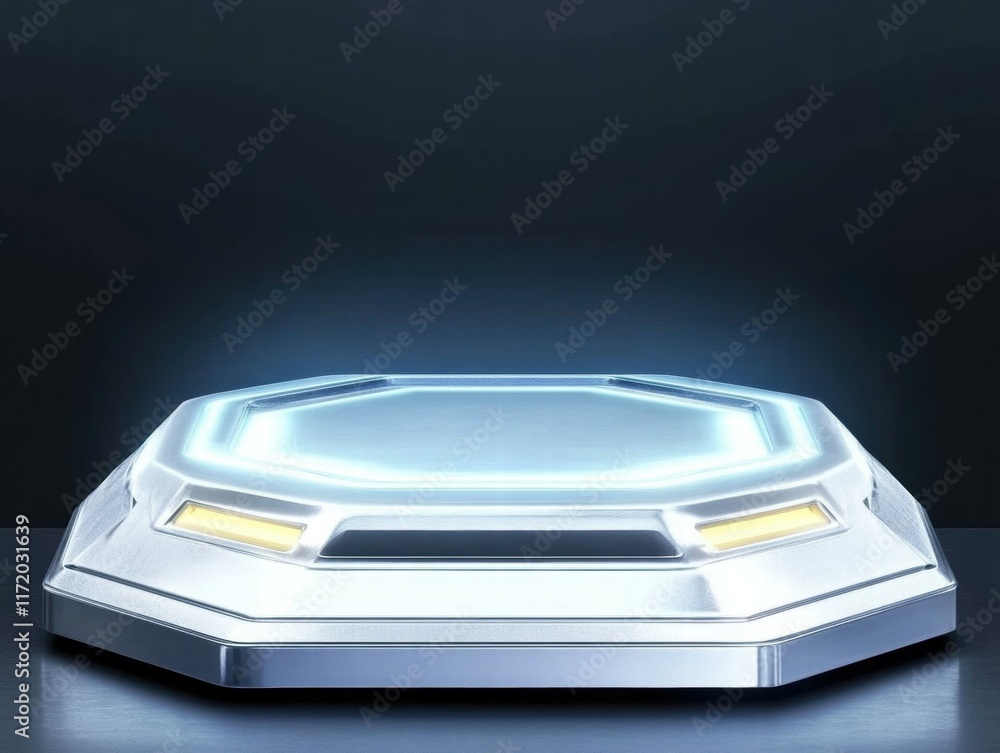 Poster a futuristic, illuminated platform with a sleek design, suggesting advanced technology.