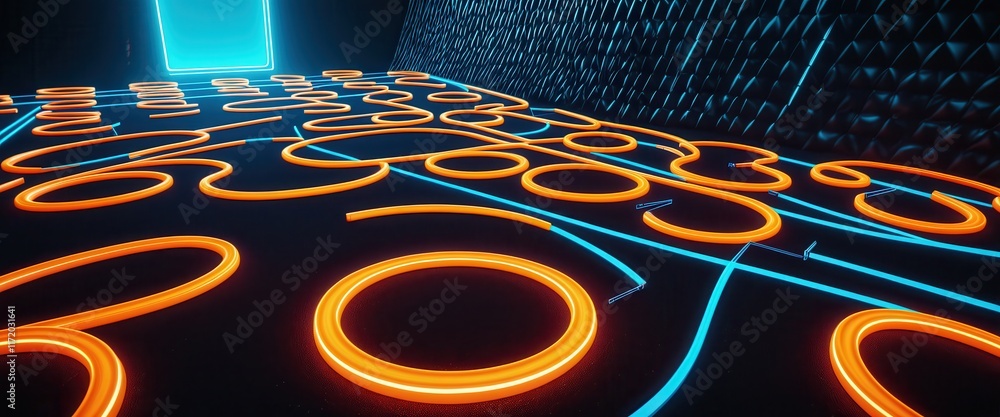 Poster futuristic neon light patterns in abstract corridor design