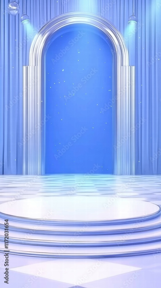 Poster a serene stage with blue backdrop and columns, ideal for presentations or performances.
