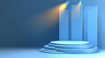 A minimalist stage setup with blue lighting and a circular platform for presentations or performances.