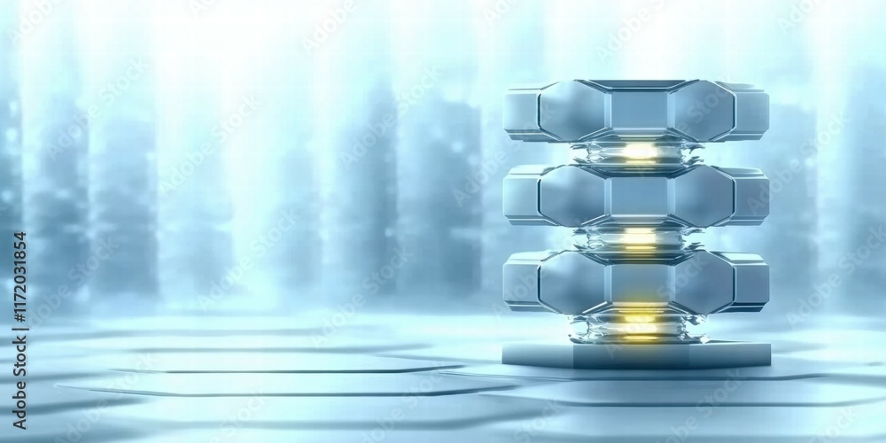 Aufkleber A futuristic device with hexagonal components and glowing elements in a misty environment.