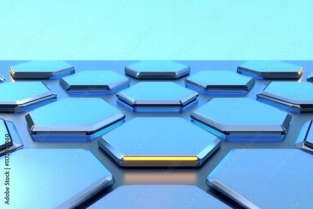 Aufkleber a futuristic arrangement of hexagonal tiles with a glossy finish on a blue background.