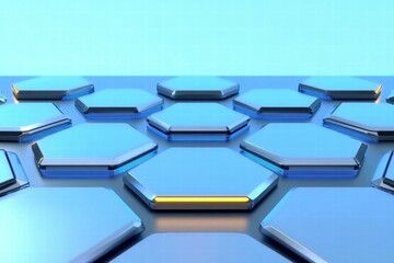 A futuristic arrangement of hexagonal tiles with a glossy finish on a blue background.