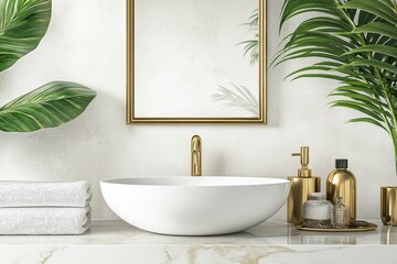 Fototapeta premium Modern Bathroom Vanity With Gold Accents And Lush Greenery