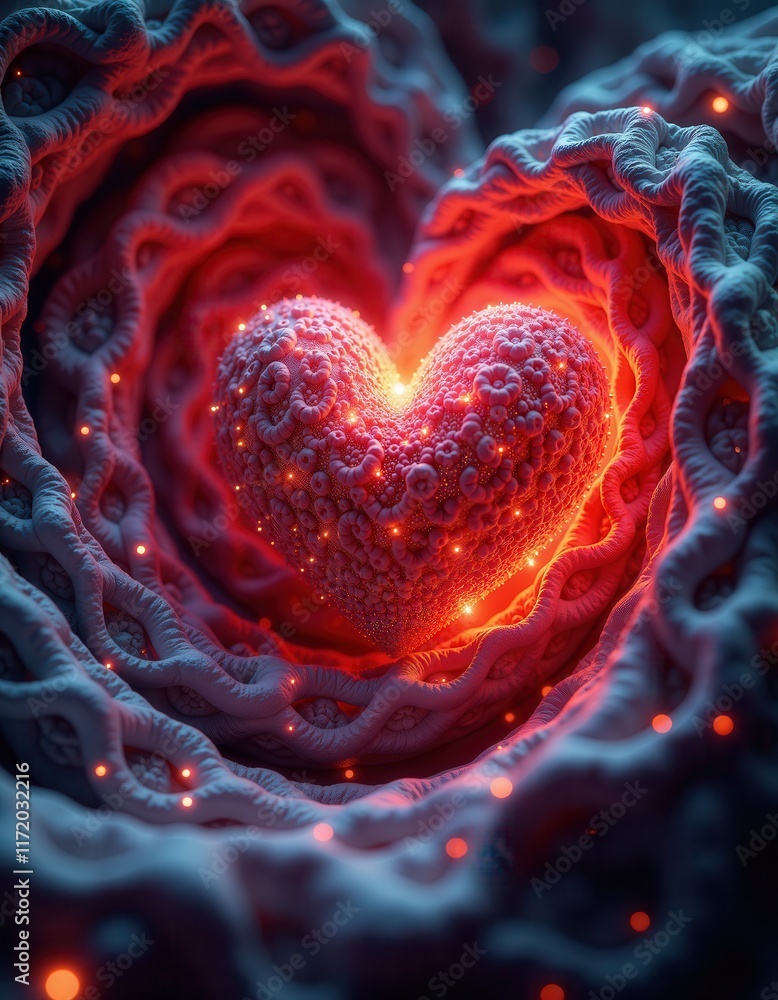 Poster glowing heart in intricate coral pattern with ambient bioluminescence