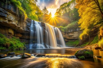 Obraz premium Killen Falls: Minimalist sunrise. Golden hour paints breathtaking waterfall landscape.