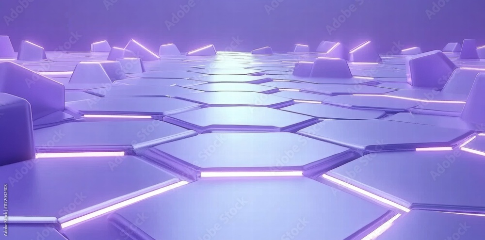Poster A futuristic hexagonal landscape with glowing edges, creating a surreal, tech-inspired environment.