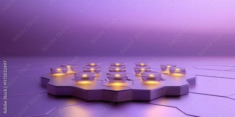 Poster A futuristic arrangement of hexagonal platforms with glowing elements in a serene setting.