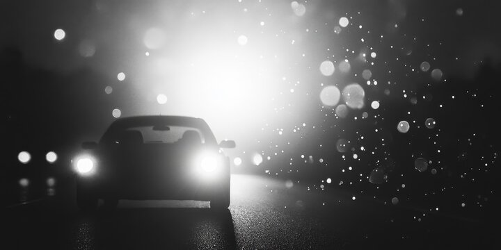 Car driving in heavy rain with glowing headlights