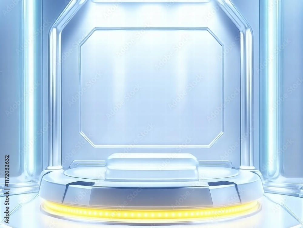 Poster a sleek, futuristic display stage with bright lighting and a smooth surface.