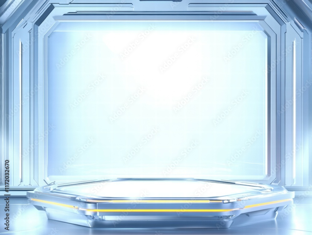 Poster a futuristic, illuminated stage with a sleek design for presentations or displays.
