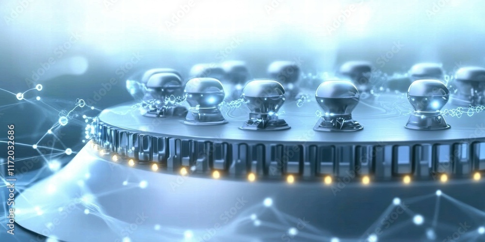 Poster A futuristic device with metallic components and glowing lights, suggesting advanced technology.