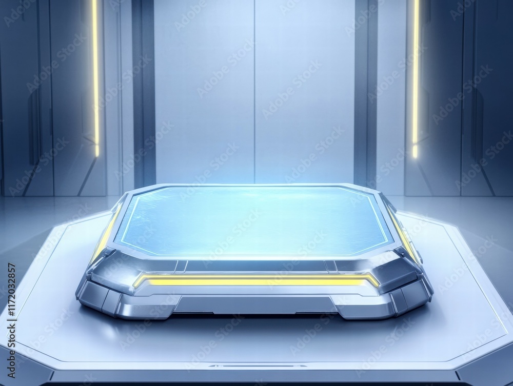 Poster a futuristic platform in a sleek, high-tech environment, suggesting advanced technology use.