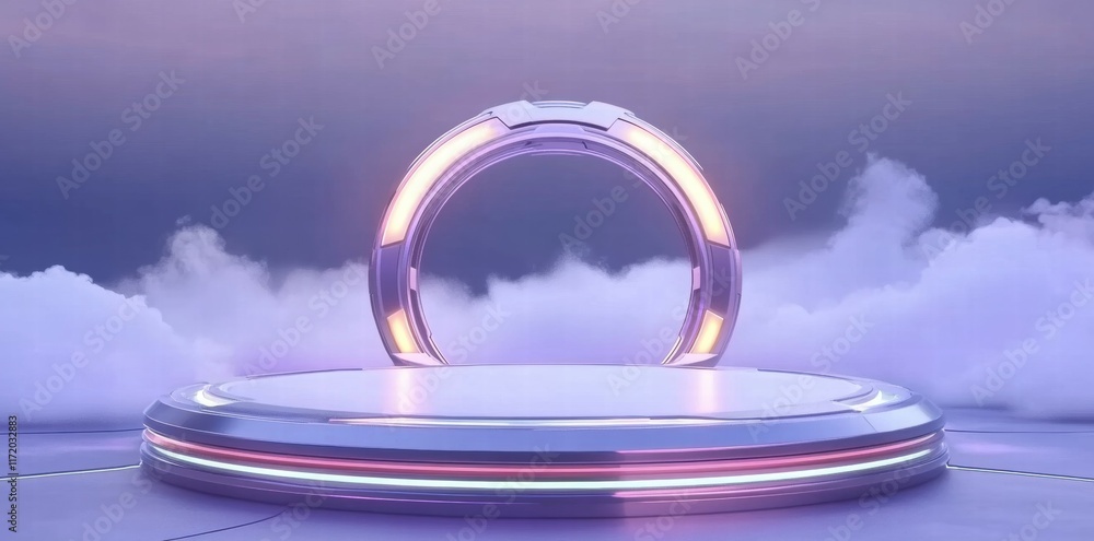 Aufkleber A futuristic circular portal set on a platform surrounded by clouds and soft lighting.