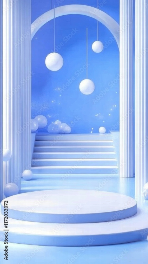 Poster a serene blue stage with floating spheres and clouds, ideal for presentations or events.
