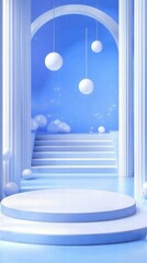 A serene blue stage with floating spheres and clouds, ideal for presentations or events.