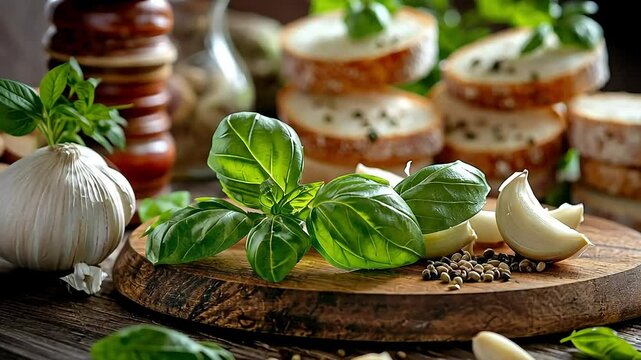Fresh basil, garlic cloves, peppercorns on wooden board near bread slices.