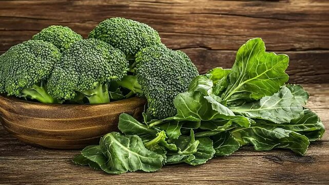 Fresh broccoli and chard in a wooden bowl on rustic wood.