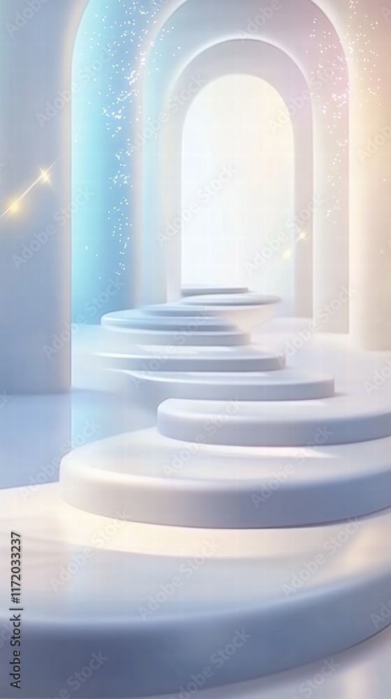 Aufkleber A serene, illuminated staircase leading through archways in a soft, ethereal setting.