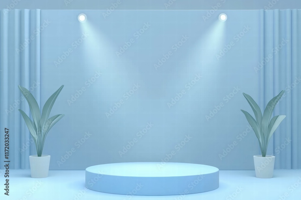Poster a minimalist stage setup featuring a circular platform and potted plants, illuminated by spotlights.