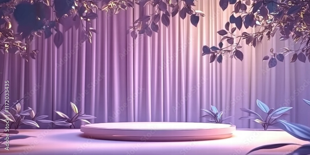 Poster a serene stage setting with soft lighting and lush foliage, ideal for presentations or events.