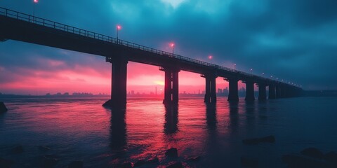Bridge over a calm river under a colorful sunset