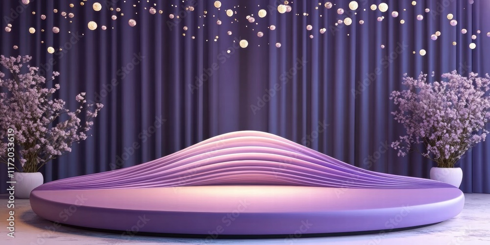 Poster a modern, stylish seating area with soft curves and ambient lighting for relaxation or events.