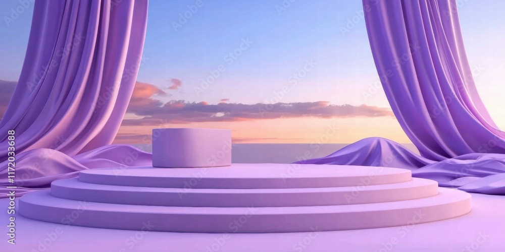 Aufkleber A serene stage setup with purple drapery and a circular platform against a sunset backdrop.