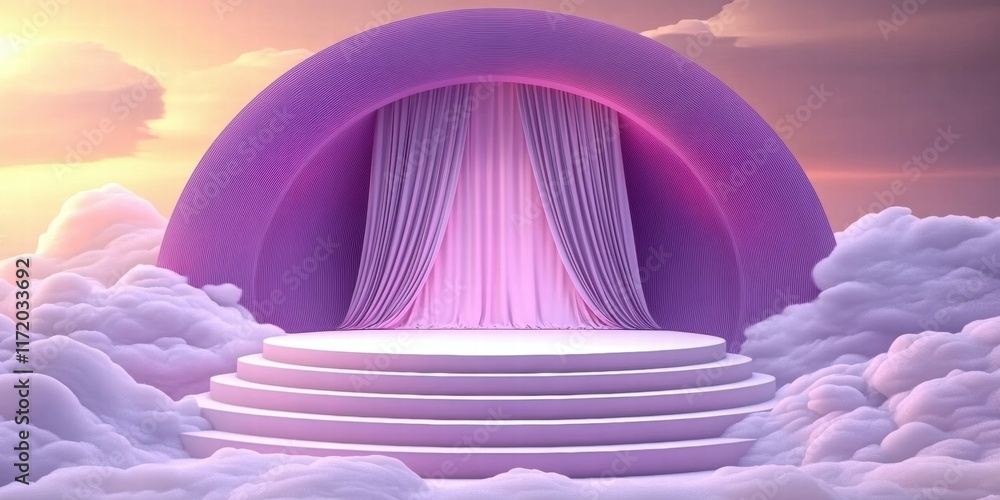 Poster A dreamy stage surrounded by clouds, featuring soft curtains and a serene atmosphere.