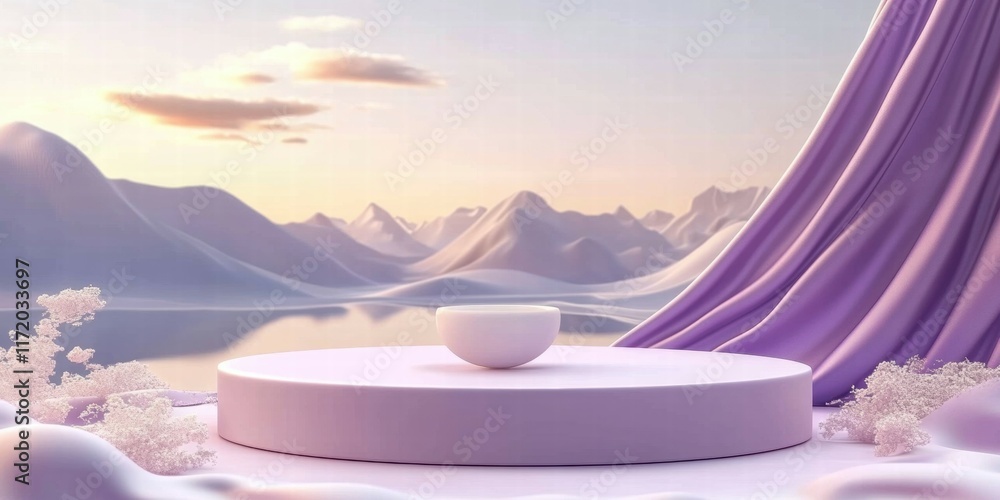 Aufkleber a serene landscape featuring a minimalistic platform and bowl amidst mountains and soft colors.