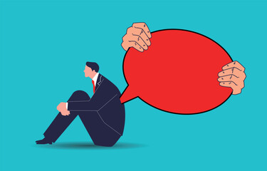 Big hands take speech bubbles and stab them inside the grieving businessman's body, gossip, rumors or fake news, hate speech, verbal bullying or name-calling