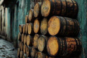 Closeup of wooden barrels stacked in a rustic winery