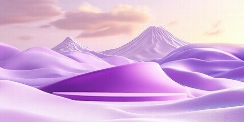 A surreal landscape featuring purple mountains and a smooth, curved structure.