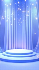 A serene blue stage with curtains and sparkling lights, ideal for presentations or performances.