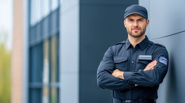 Confident Security Guard in Uniform Posing Outdoors Near Modern Building with Arms Crossed
