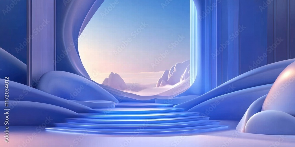 Poster a serene, futuristic landscape with smooth shapes and a tranquil view of distant mountains.