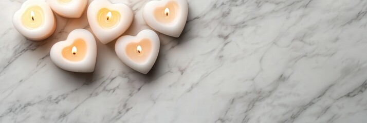 A top view of heart-shaped candles glowing on a marble background
