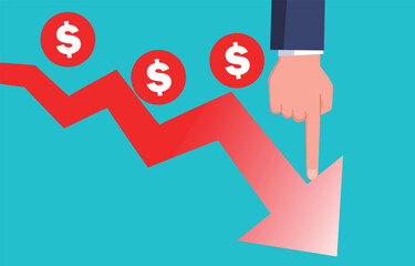 Reduced budget, cost or expense, decreased revenue, recession, inflation, currency devaluation, hand pressing down arrow