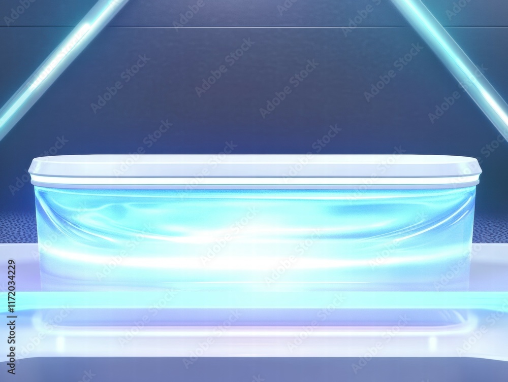 Poster a sleek, illuminated display stand with a futuristic design and glowing accents.