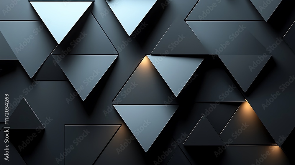 Poster abstract dark gray and black triangle pattern with glowing elements.