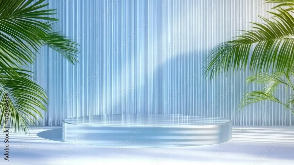 Poster a minimalist stage set with palm leaves and vertical stripes, ideal for presentations or events.
