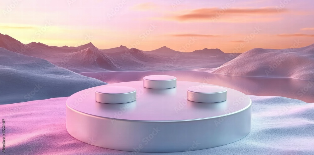 Leinwandbilder A minimalist landscape featuring a circular platform with three disks against a serene backdrop.