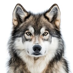 Obraz premium Grey wolf portrait, winter, white background, wildlife.
